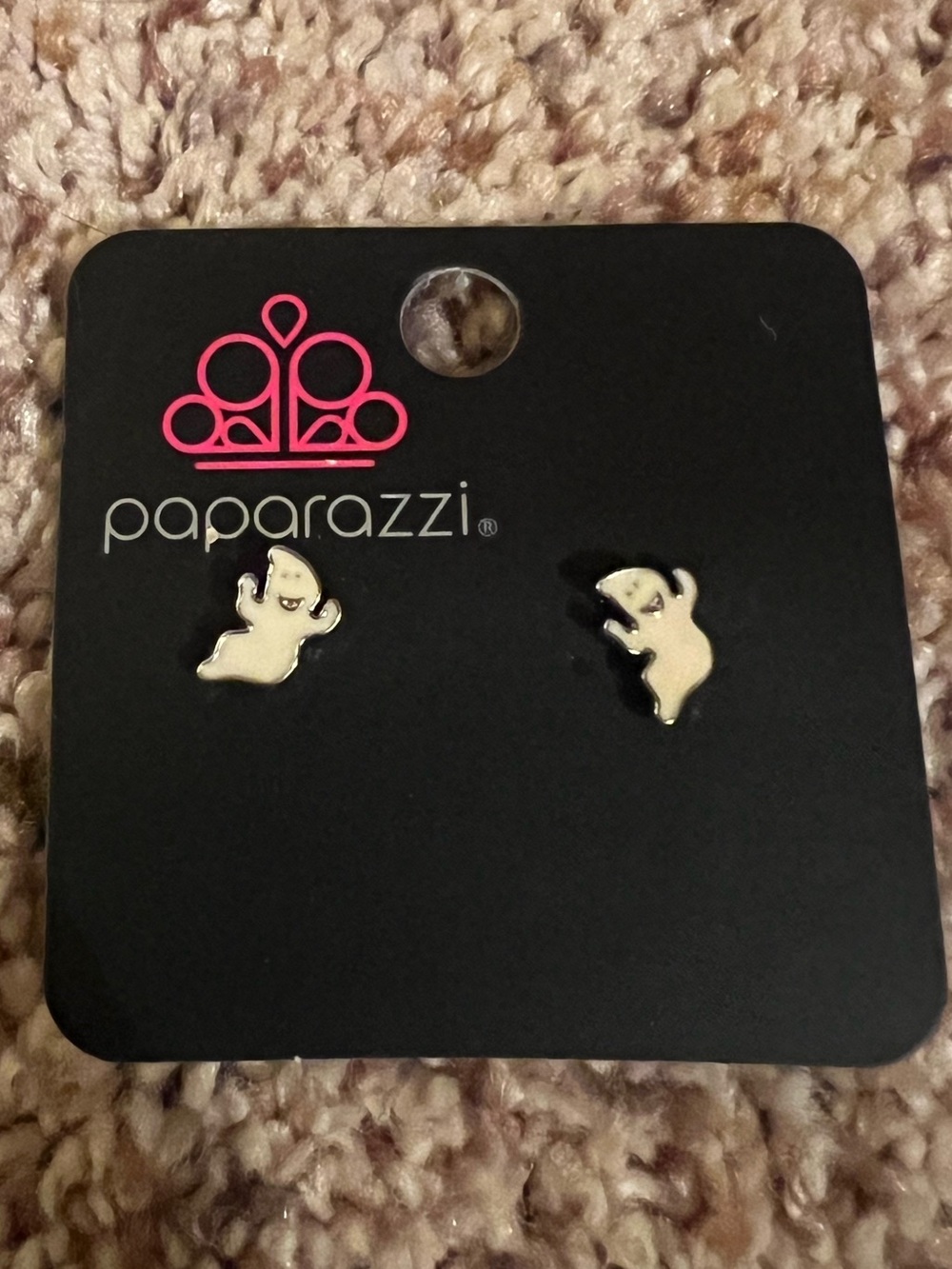 Paparazzi Silver Tone & White Dainty Ghost Earrings, new on card